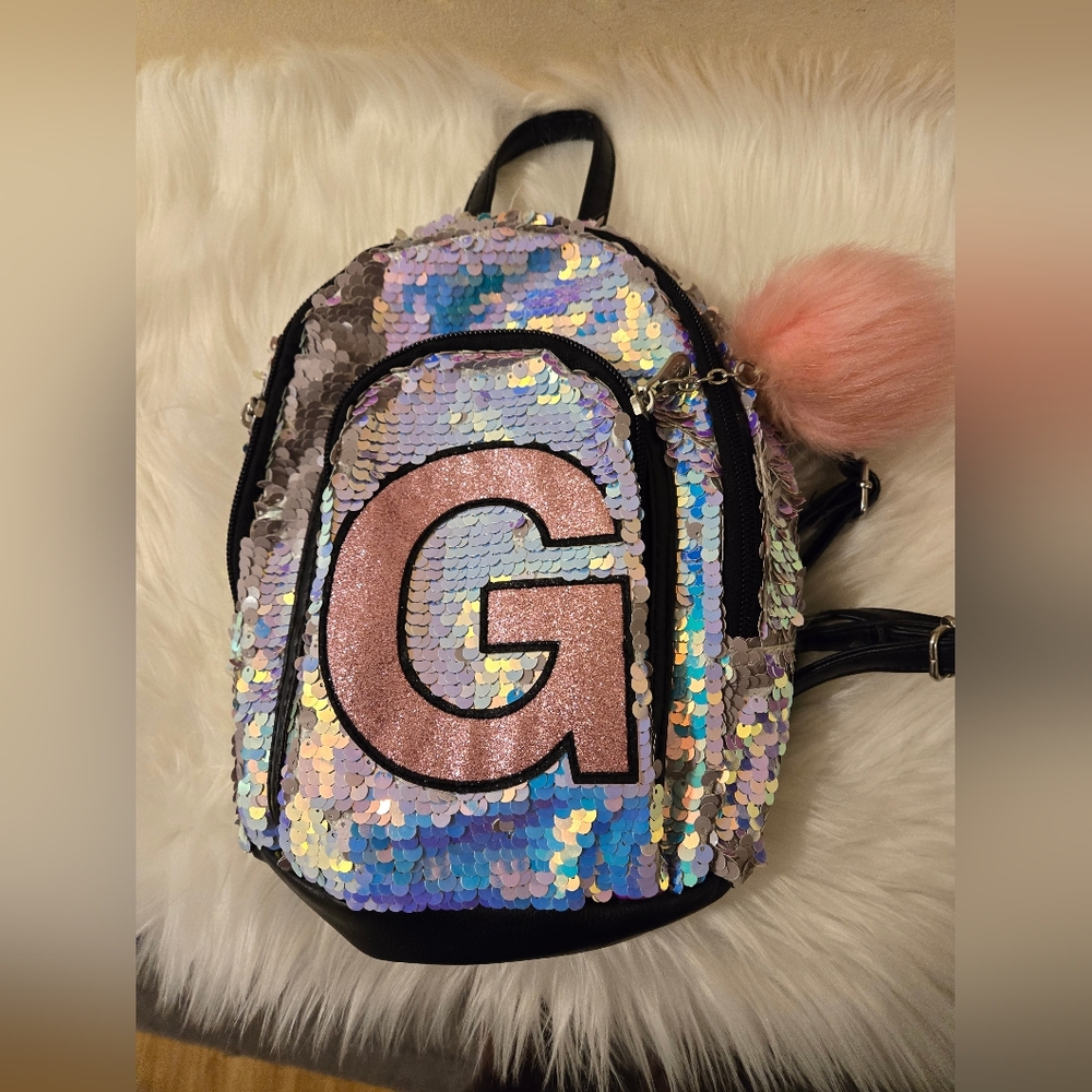 Justice Girls Mini Backpack Flip Sequin with Initial G, Silver & Pink Pom Pom